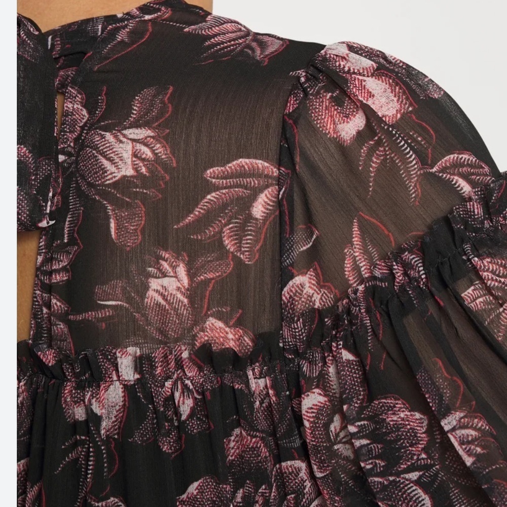 Ted Baker Mini Dress Size 8 Barnabe Black Floral Tiered Flounce Boho 3/4 Sleeves - Picture 8 of 9